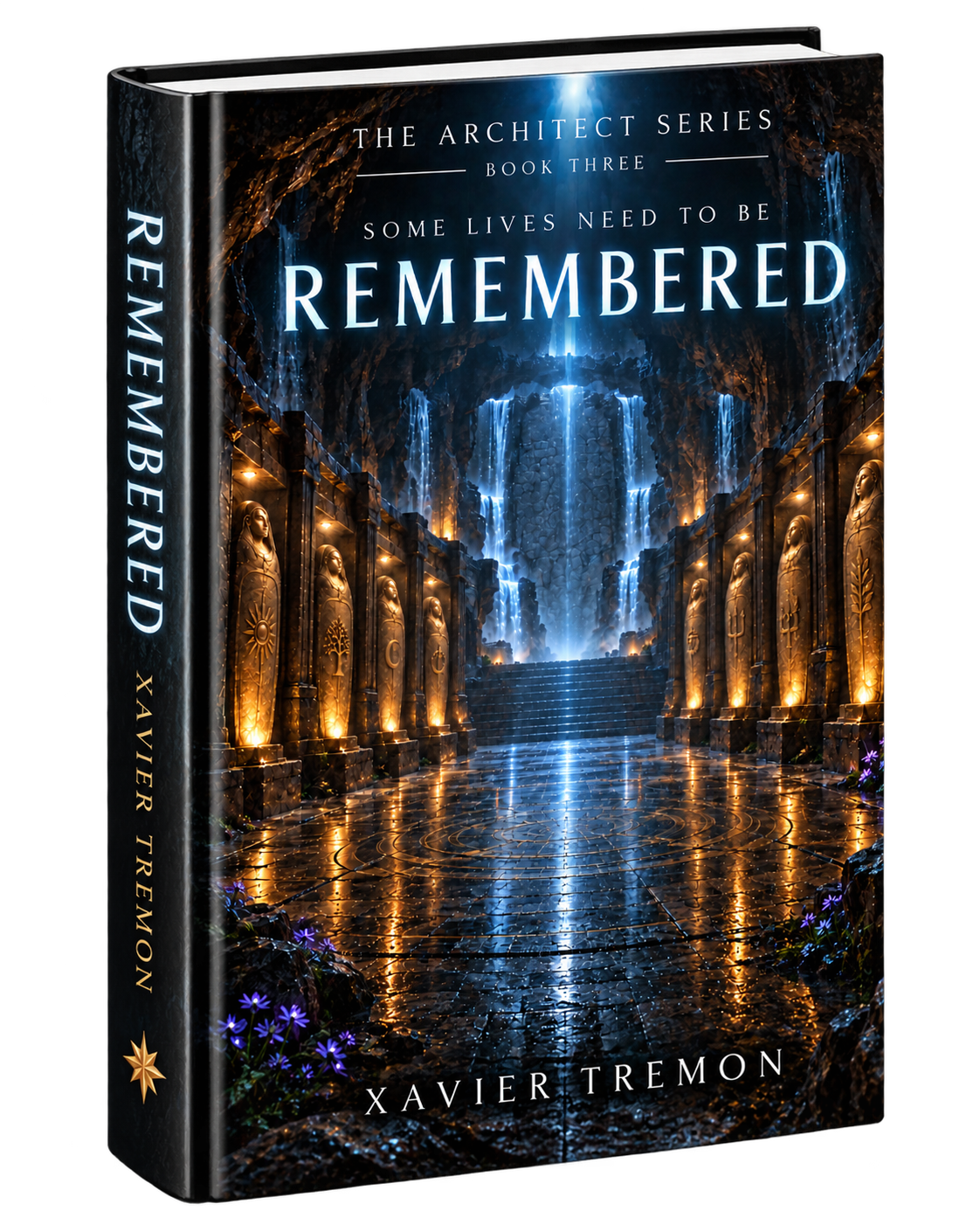 Cover of REMEMBERED by Xavier Tremon. A dark underground chamber stretches into the distance, with life-sized golden sarcophagi lining both walls beneath an eerie atmospheric glow.